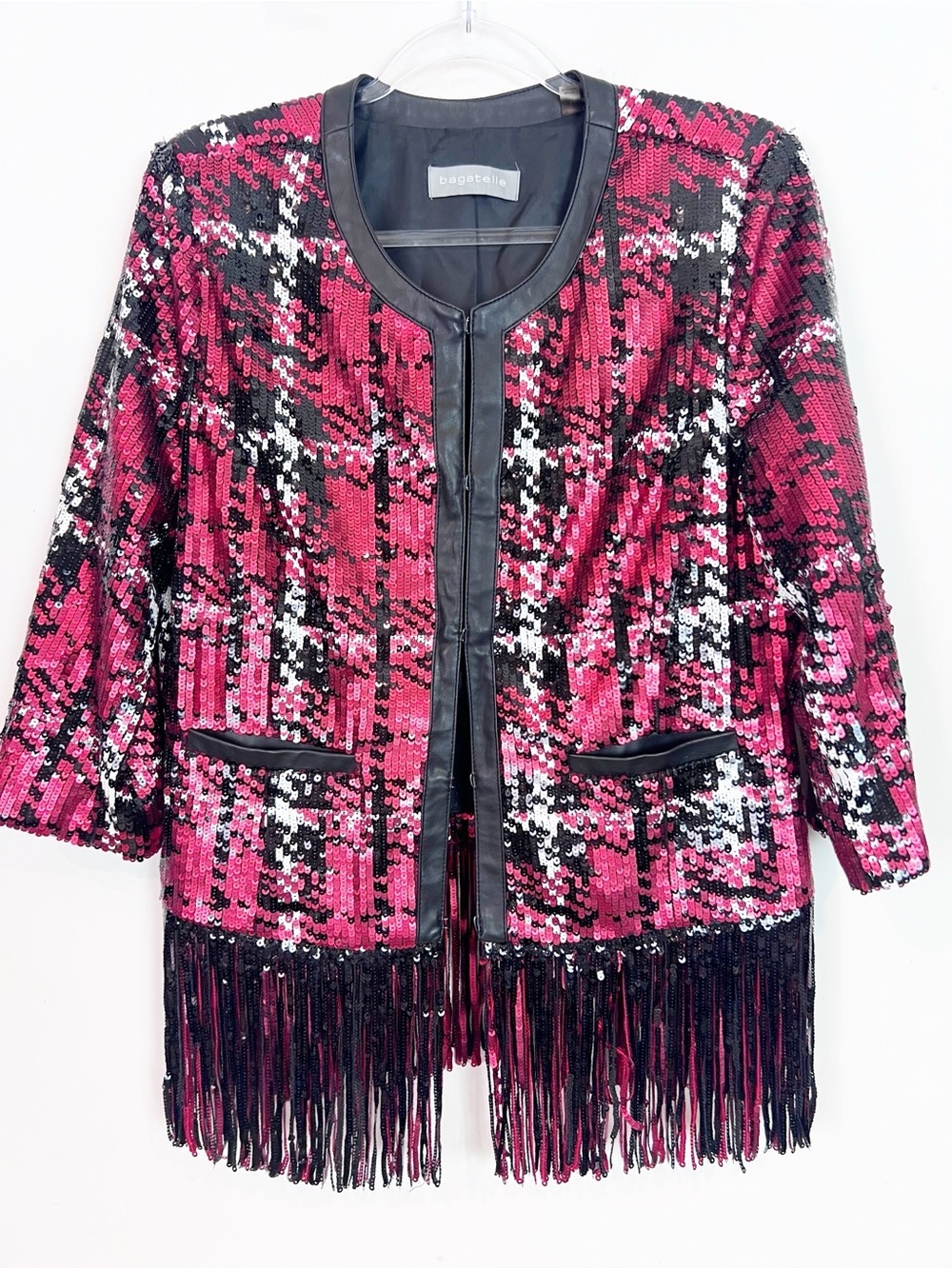 BAGATELLE RED BLACK SEQUIN 3/4 SLEEVE JACKET FRINGE HEM FAUX LEATHER TRIM MEDIUM